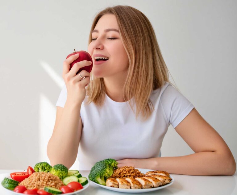 Señorita comiendo comida saludable