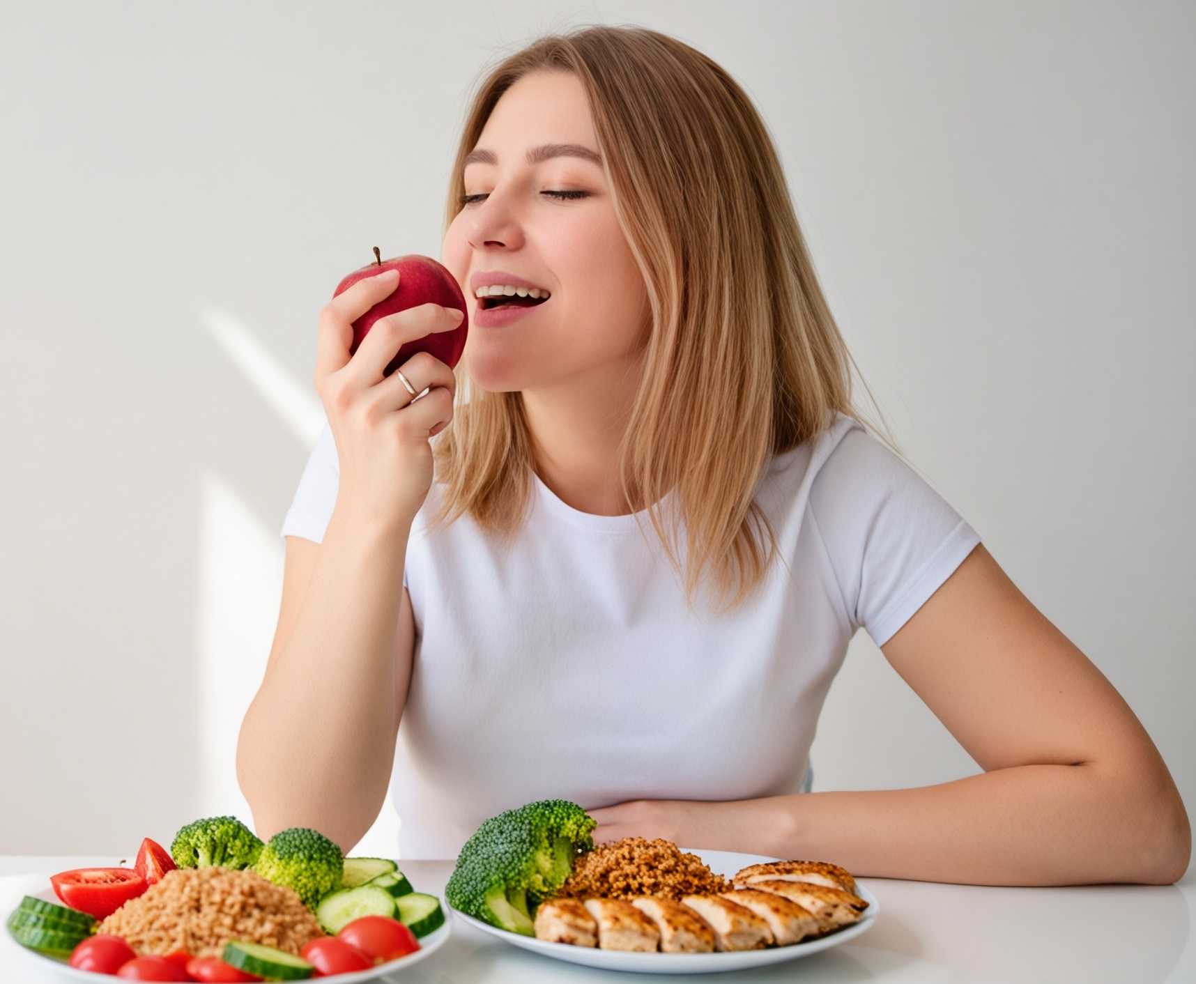 Señorita comiendo comida saludable